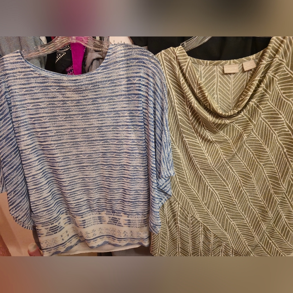 2Pc Sz 0 Chico's Blue & White Striped Boatneck / Green Chevron Cap Sleeve Tops